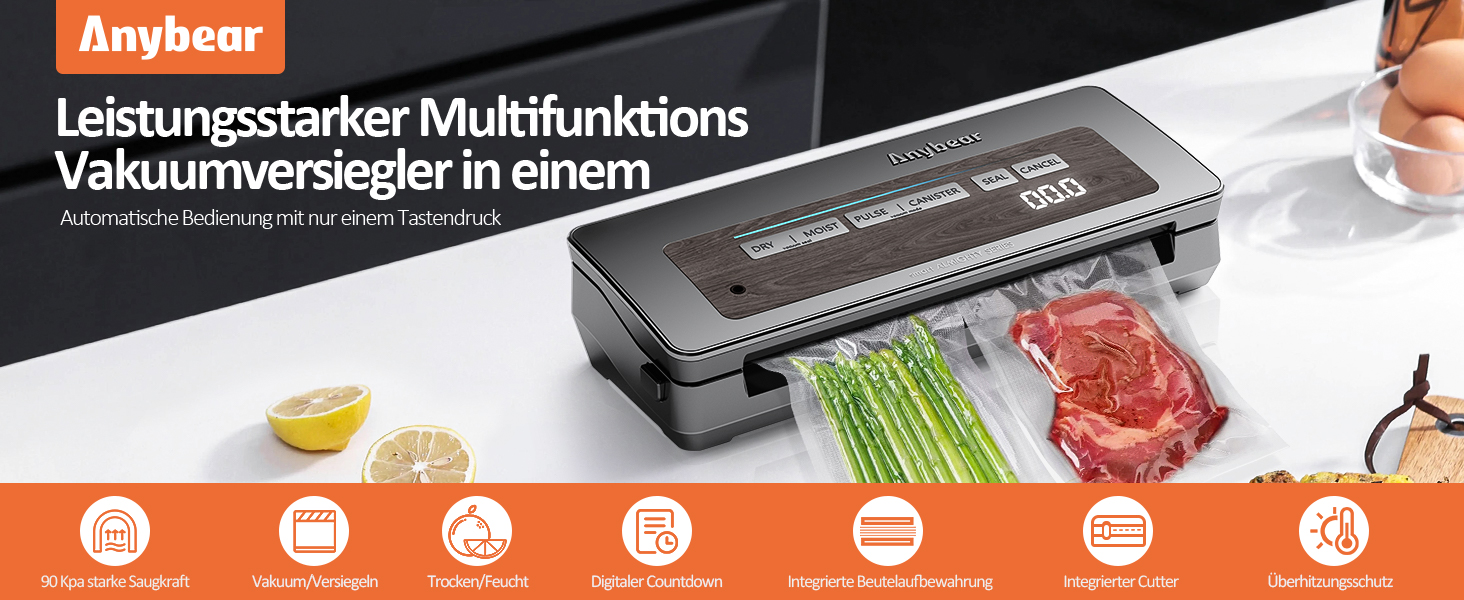 Вакуумний пакувальник 90 kPa, 100 W, широка зона запаювання, для зберігання продуктів, вбудований ніж, місце для рулонів, цифровий таймер, 2 рулони (сірий)