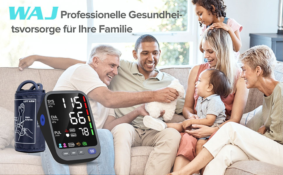 Тонометр WAJ на плече з великою манжетою (22-42 см) для дому | LED-дисплей 6,4 дюйма | Виявлення аритмії | 2×120 місця пам'яті | Вимірювання пульсу, білий (чорний)