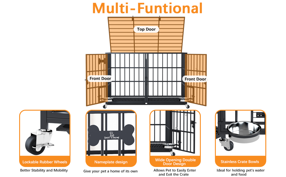 Клітка для собак, переноска для собак з піддоном, клітка-роздільник, клітка-ґратка з 2 дверцятами та піддоном, подвійна клітка 2 в 1 для великих та середніх собак, 107 x 73 x 69 см, чорний L