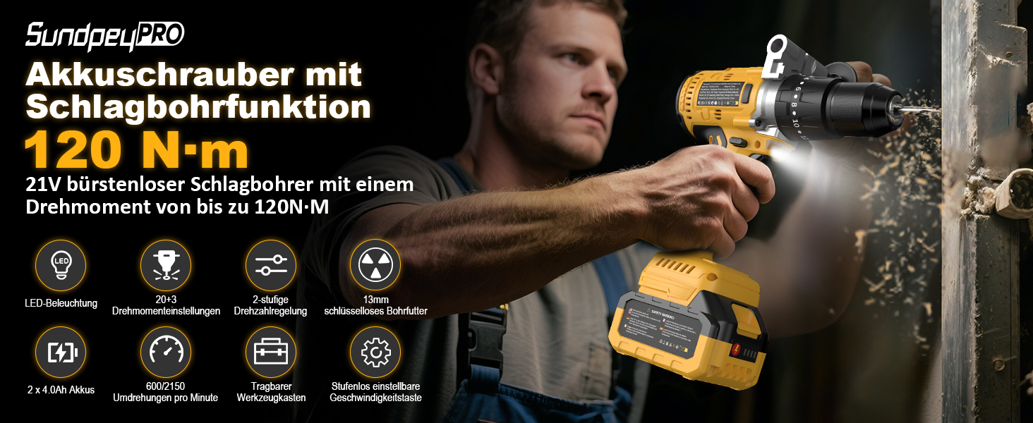 Акумуляторний ударний дриль-шуруповерт 21V - 120Nm безщітковий, комплект з 2 акумуляторами 4Ah, 20+3 ступені крутного моменту, патрон 13 мм, 2 швидкості, 35-елементний набір аксесуарів