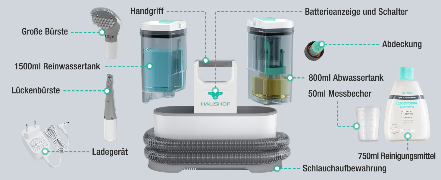HAUSHOF StainZapper Pro: Професійний миючий пилосос для килимів, меблів та авто. Потужність 450W, 12kPa, об'єм 1,5+0,8L, з миючим засобом та щіткою для швів. Ефективний видалення плям з килимів, диванів, оббивки та салону авто.