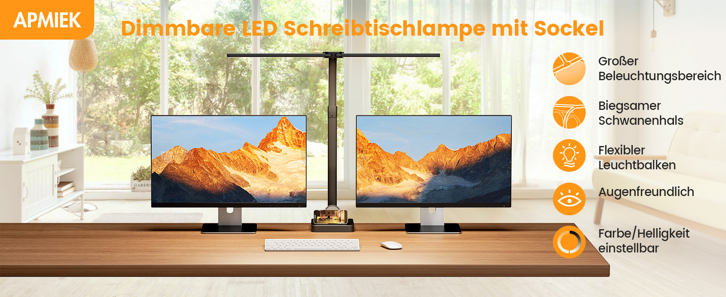 APMIEK LED Настільна лампа для офісу та дому, 24W, 76 см, з регульованим кутом нахилу, 3200K-6500K, захист для очей, чорна з підставкою