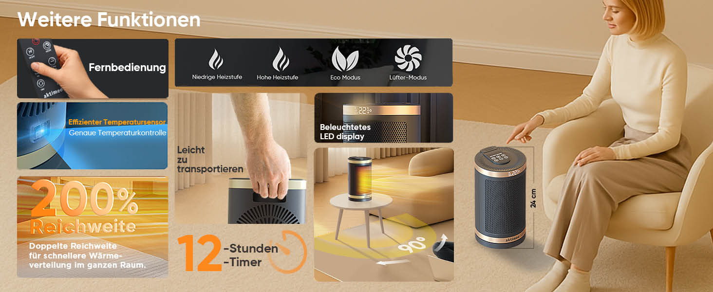 Електричний обігрівач NEU 1500W з керамічним нагрівачем, термостатом, захистом від перегріву, нахилу та для дітей, таймером 12 год, з пультом керування, золотий, Classic