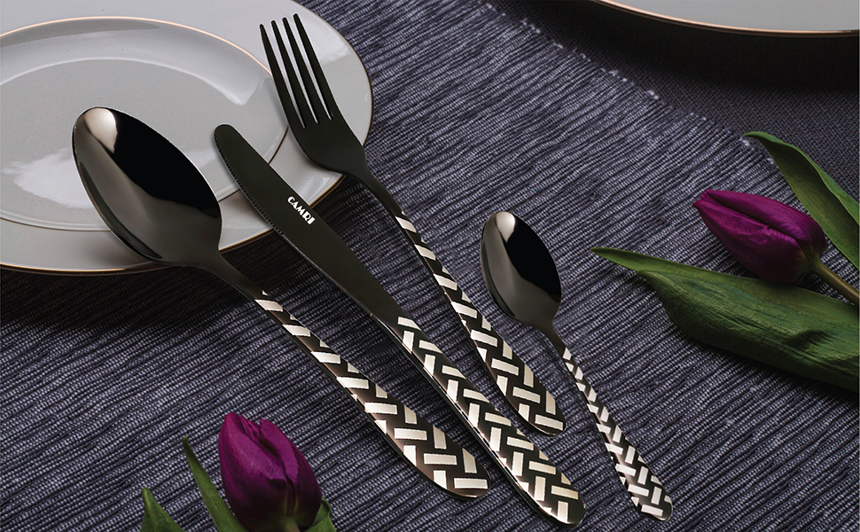 CAMRI Набір столових приборів – 16 предметів з нержавіючої сталі. Набір столових приборів, ножі, виделки, ложки. Комплект на 4 особи, придатний для миття в посудомийній машині. Кріз-чорний візерунок.