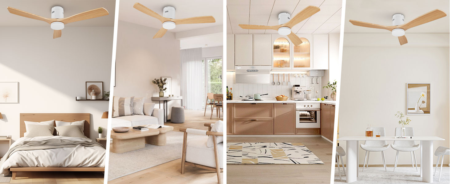 Стеляний вентилятор Holz з підсвічуванням, регулюванням яскравості LED 24W, тихий DC-двигун 38W, діаметр 132 см, з пультом дистанційного керування та таймером, 6 швидкостей, дерев'яний дизайн