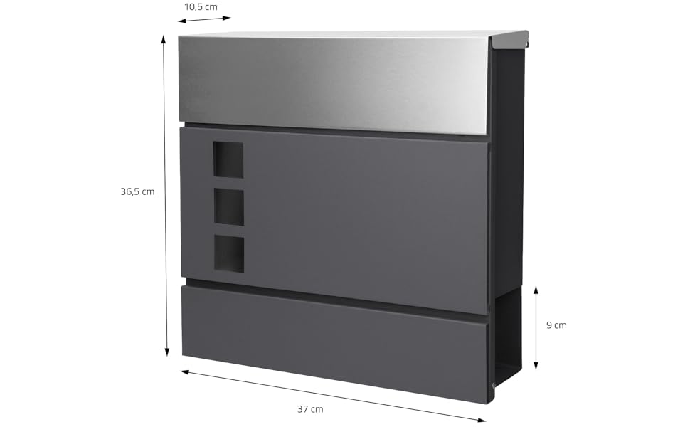 Поштова скринька настінна ECD Germany з газетницею, антрацит/срібло, 37x10.5x36.5 см, нержавіюча сталь, вікно огляду, 2 ключі, кріплення. Сучасний дизайн.