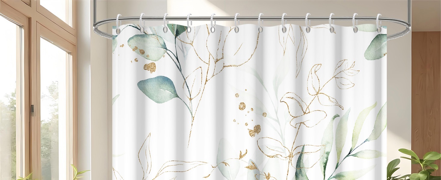 Штора для душу 120x200 см з евкаліптом, антигрибкова, акварель, водонепроникна, поліестер, з гачками для ванної кімнати