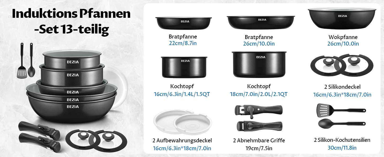 BEZIA 13-Piece Ceramic Nonstick Cookware Set - Induction Compatible Pots and Pans for All Cooktops, Stackable, Dishwasher & Oven Safe