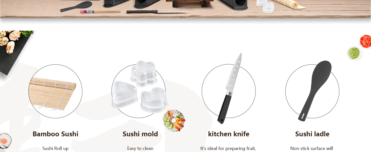 Набір для приготування суші, 20 предметів, для початківців, з формами для ролів, виделкою, ножем, килимком для скручування, палочками, повний комплект (Чорний)
