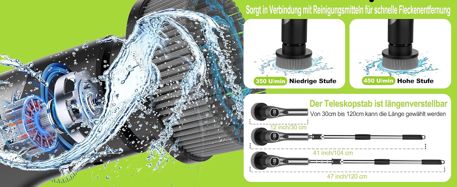 Електрична щітка для чищення з 7 насадок, IPX7, регульована ручка, для ванної кімнати, чорна