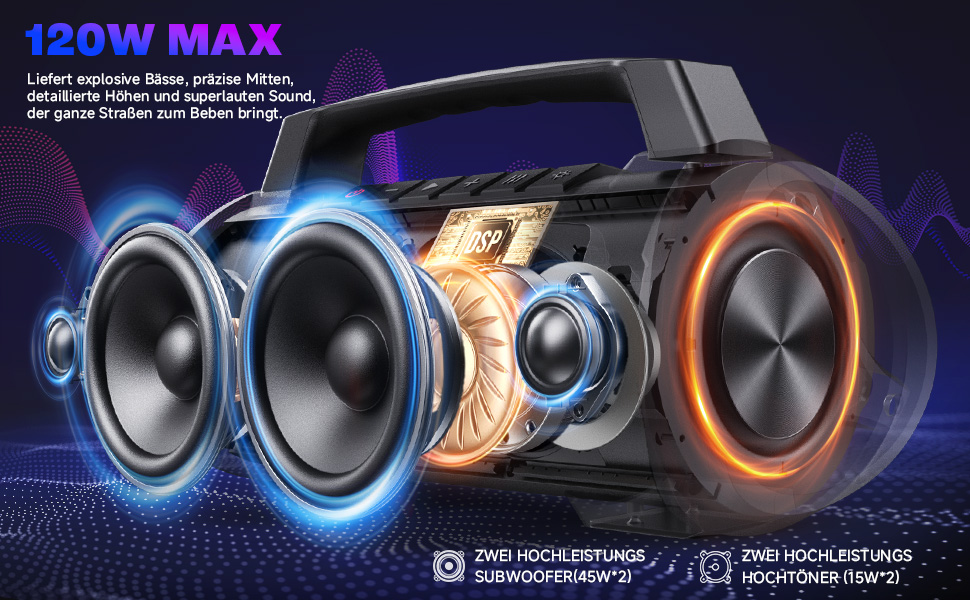 W-KING Bluetooth колонка 120W з басом 70W, портативна Party-Box IPX6, 42 год, BT 5.4, DSP, EQ, стерео, RGB, для кемпінгу, пляжу, саду, вечірок, чорна