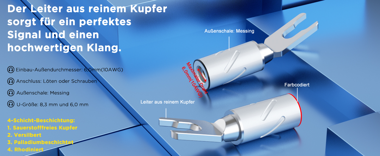 Комплект позолочених роз'ємів-лопаток для акустичних кабелів Monosaudio SY1508G (8 шт), чиста мідь, під кабель 8-20AWG до 4мм, S900R (Родієве покриття)