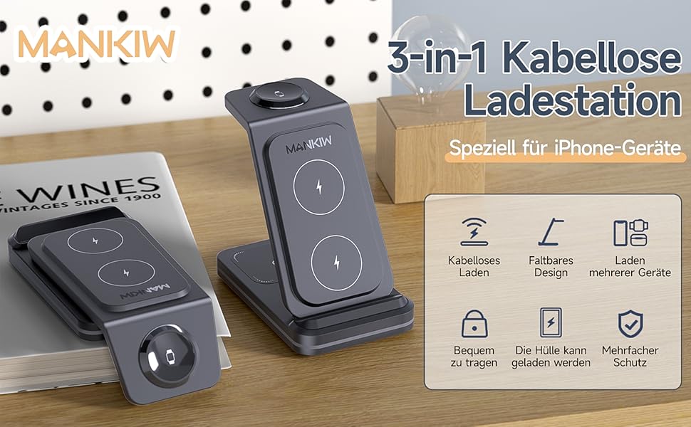 Зарядний стан для iPhone, Apple Watch та AirPods 3-в-1, сумісний з iPhone 17/16/15/14/13/12/11/X, Apple Watch Series 11-2, AirPods 4/3/2/Pro, чорний