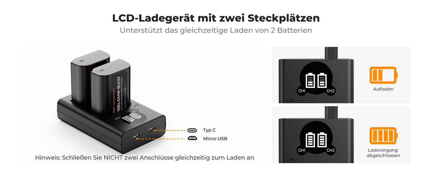 Запасний акумулятор K&F CONCEPT DMW-BLK22 (2 шт) з LCD зарядним пристроєм для Panasonic Lumix DC-S5, DC-S5 II, DC-S5 IIX, GH5 II, GH6, S5II, S5M2, GH5M2