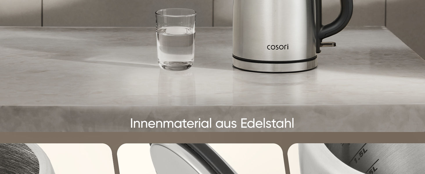 Електричний чайник Cosori з нержавіючої сталі, 1.7 л, BPA free, Strix-технологія, 2200W, з функцією захисту від сухого кипіння, поворотний на 360°