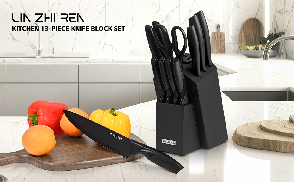 Набір ножів LIN ZHI REN 13 предметів з бруском, чорний. Кухонний набір ножів, ергономічні ручки, безпечний, для миття в посудомийній машині