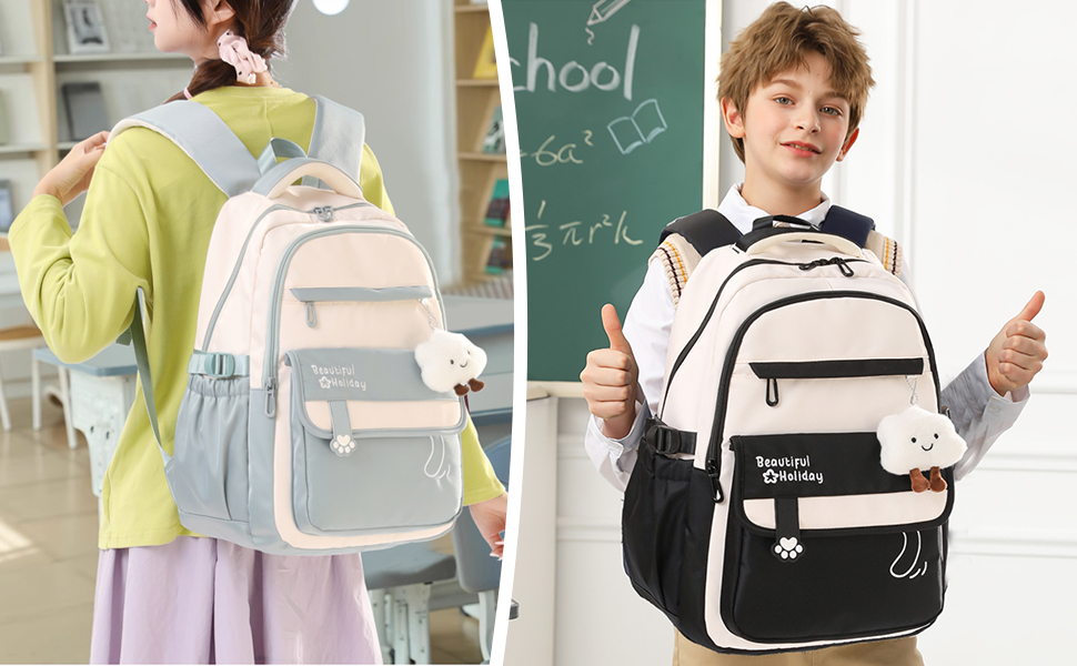 Шкільний рюкзак для дівчаток та хлопчиків-підлітків, рюкзак для жінок, великий шкільний ранець на 15.6 дюймів, рюкзак для ноутбука, шкільна сумка водонепроникна, рюкзак для школи, шкільні сумки для хлопчиків та дівчаток, бежевий колір