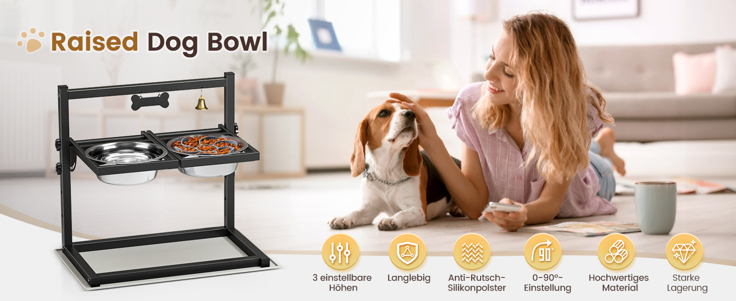 Підвищена годівниця для собак Sunowl, регульована висота та кут, 2 миски, нержавіюча сталь, повільне годування, антиковзаюча підставка