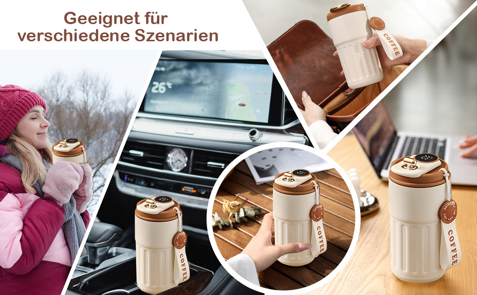 Термокружка для кави HomeAlexa з цифровим дисплеєм, 410 мл, нержавіюча сталь 316, ізольована, з кришкою, для подорожей