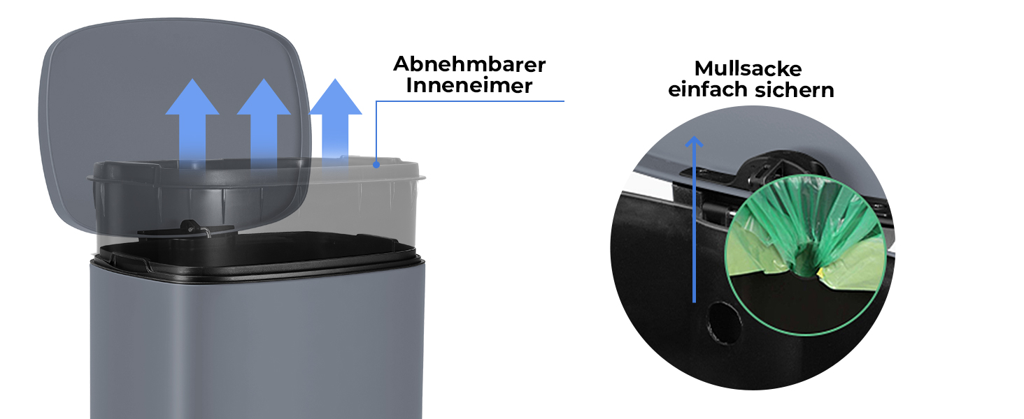 Відро для сміття LIFERUN 30л з кришкою, з м'яким закриттям, сталеве, з внутрішнім відром, для кухні, ванної кімнати, офісу (L-50L, сірий)