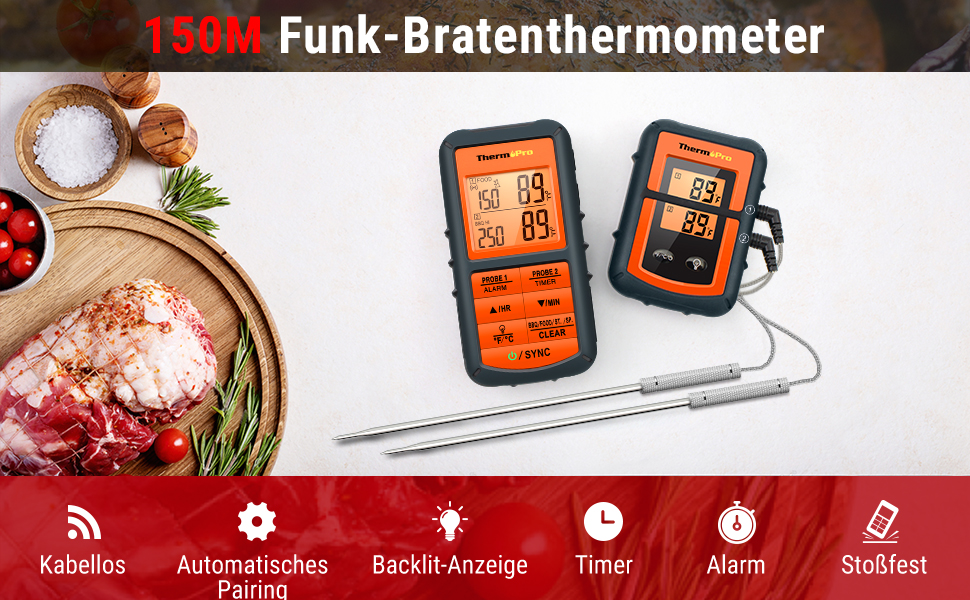 ThermoPro Twin TempSpike Бездротовий термометр для м'яса з Bluetooth, 150м, для гриля, духовки, ротисерії, безпечний у посудомийній машині (Помаранчевий)