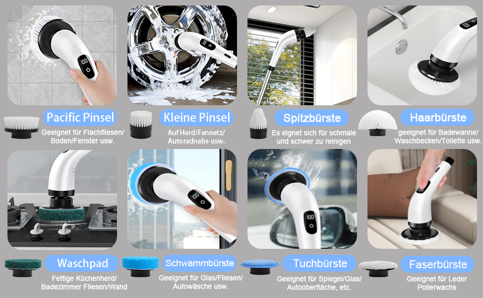Електрична ротаційна щітка для прибирання: 8 насадок, регульована ручка, USB-C зарядка. Підходить для підлоги, плитки, ванної, кухні та душу