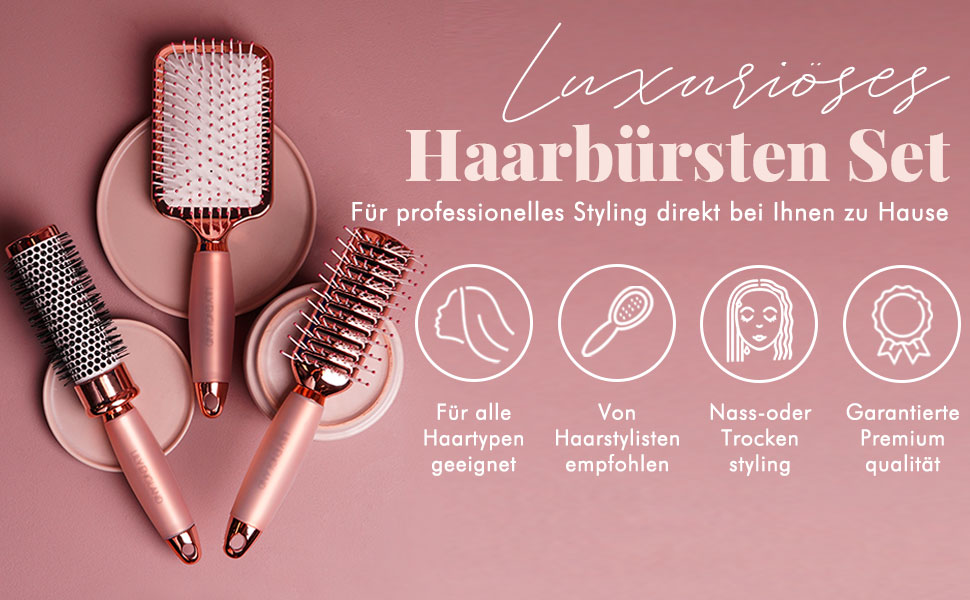Набір гребінців для волосся 3 шт. - кругла щітка, щітка-скелет, плоска щітка - без пошкодження волосся, ергономічна ручка, розпушувач, детанґлер - подарунок для жінок (рожеве золото)