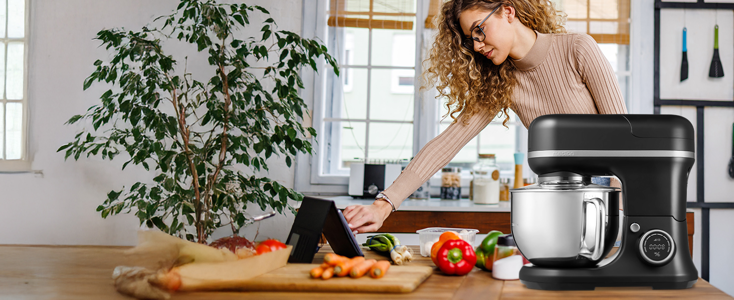 Кухонна машина MEDION MD18430: Міксер, м'ясоподрібнювач, 3 в 1, 5 л чаша з нержавіючої сталі, 1200 Вт, натерти, нарізати, цифровий дисплей, 18430