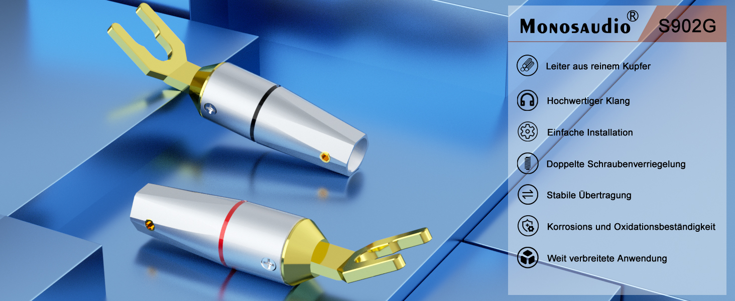 Комплект позолочених роз'ємів-лопаток для акустичних кабелів Monosaudio SY1508G (8 шт), чиста мідь, для кабелів 8-20AWG до 4мм, для підсилювачів та колонок