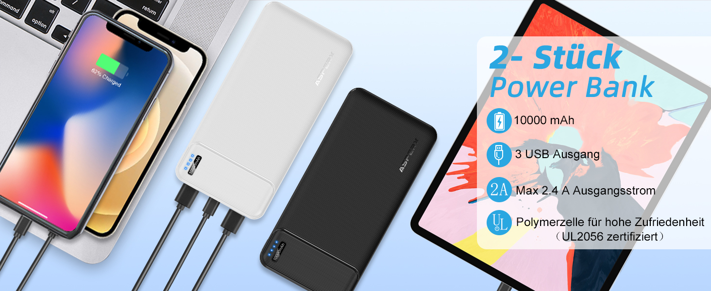 Power Bank AsperX 10000mAh (2 шт.) з USB-C, 4 порти, чорний+білий, для iPhone, iPad, Huawei, Tablet