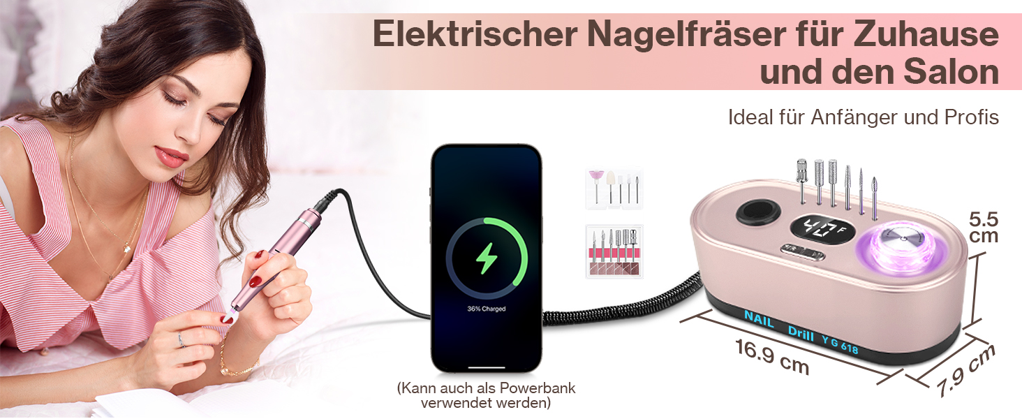 Електрична шліфувальна машинка для нігтів, професійна, 40000 об/хв, LCD, манікюр/педикюр, набір з багатофункціональною базою, рожевий