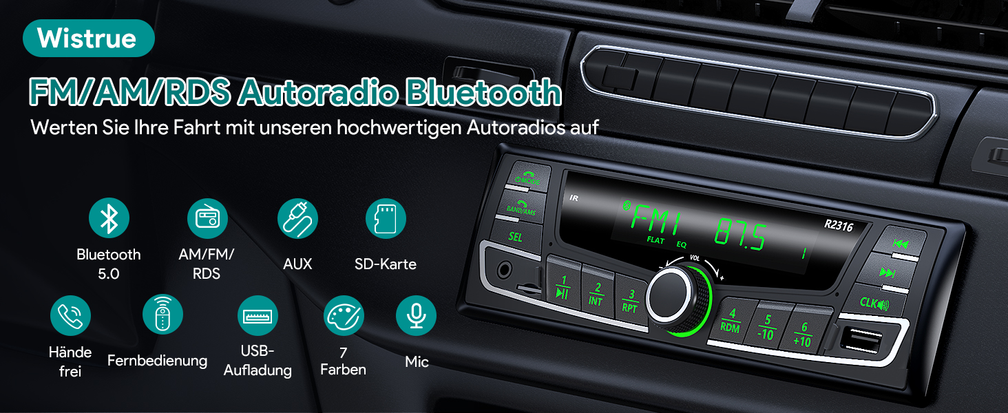 Автомобільна магнітола Wistrue 1DIN з Bluetooth, RDS, FM/AM, USB, AUX, SD, MP3, підсвічування 7 кольорів, для iOS та Android