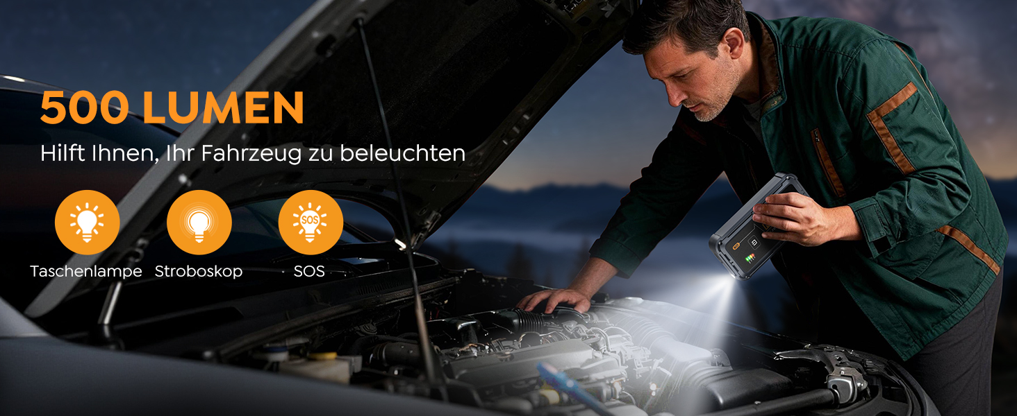 Powerbank Starthilfe 7000A: Зарядний пристрій для автомобіля, 12V, для бензинових та дизельних двигунів (до 10л), з кабелями та LED-ліхтариком, для авто, SUV, вантажівок, мотоциклів