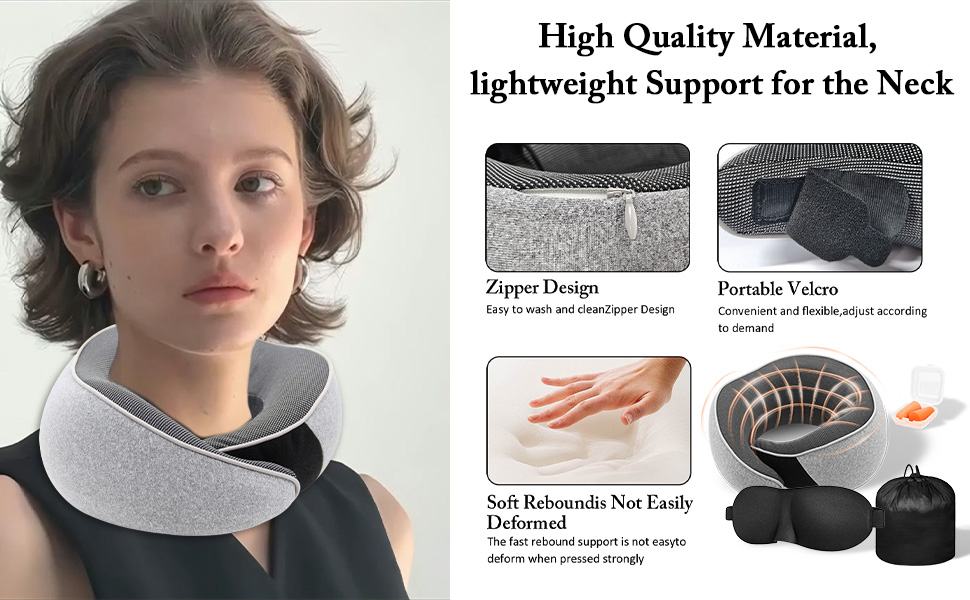 Подушка для шиї у літак, Memory Foam, регульована, з навушниками та маскою для сну, для подорожей