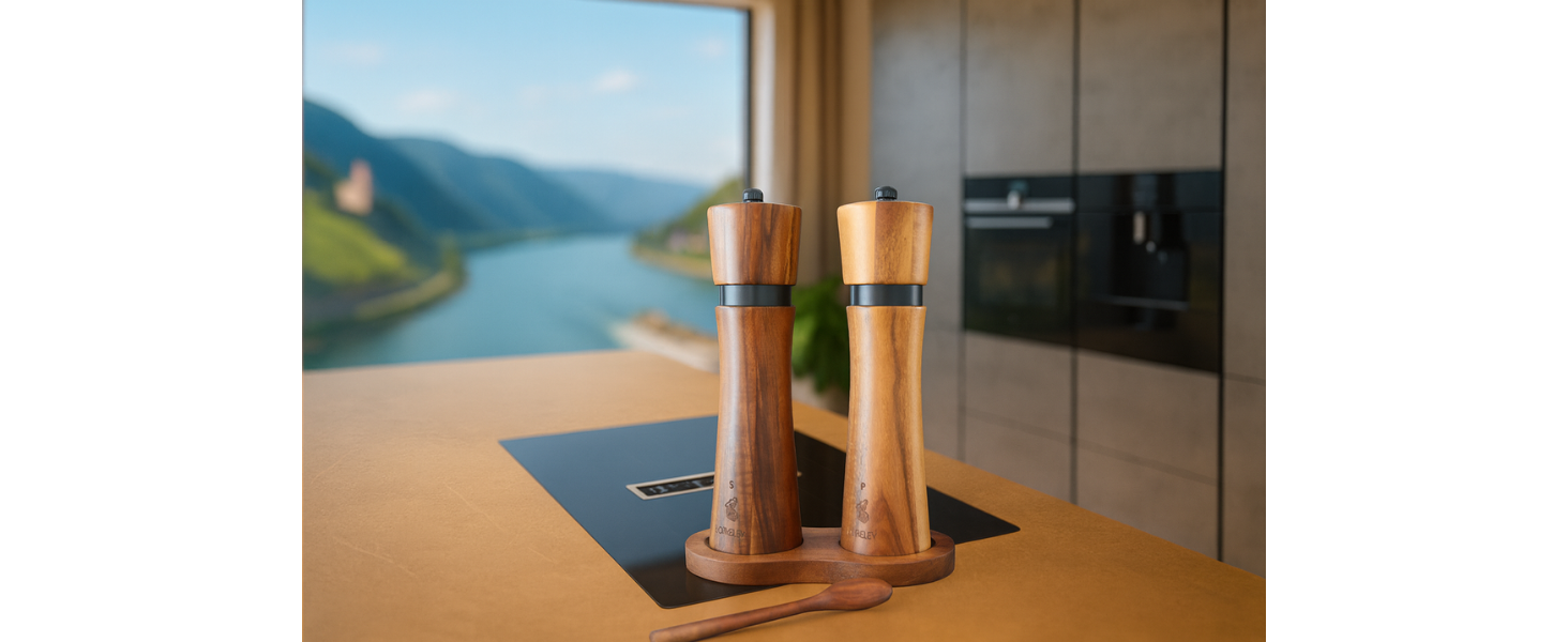 Дерев'яна мельниця для солі та перцю LORELEY® Mittelrhein Germany з керамічним механізмом – з підставкою та пензлем – у подарунковій коробці. Ідеальний подарунок на весілля або новосілля (Deluxe з нержавіючої сталі)