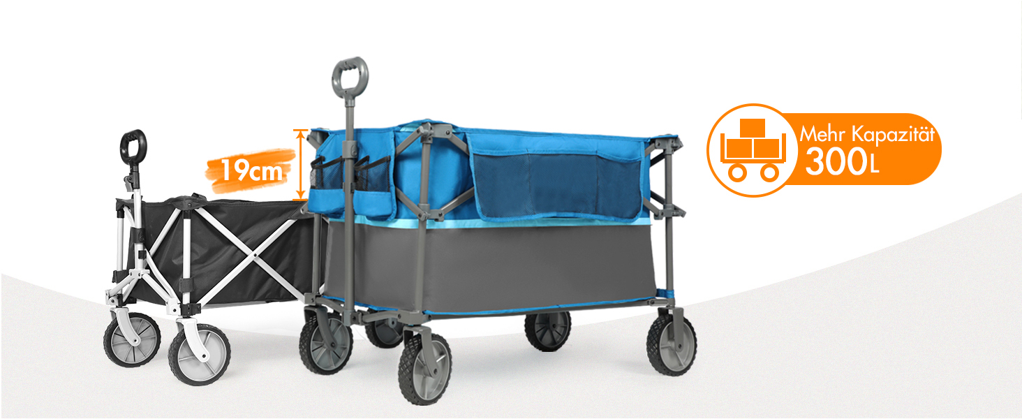 Візок садовий портативний Bollerwagen 300L XXL синій: для кемпінгу, пляжу, транспорту, з підскладником та бічними кишенями, вантажопідйомність 120 кг