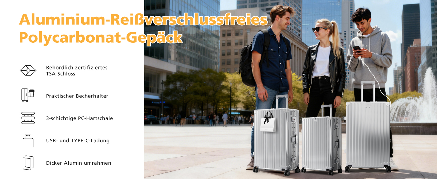 Чемодан ALPHA CAMP XL з алюмінієвим каркасом та полікарбонатною жорсткою оболонкою, TSA-замок, 40x36x77 см, 93 л, срібний