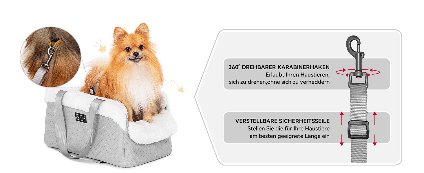 Автокрісло для собак PETS FITHunde Mittelkonsole, сірий та білий колір, до 5 кг, з безпечними ременями та знімним м'яким килимком