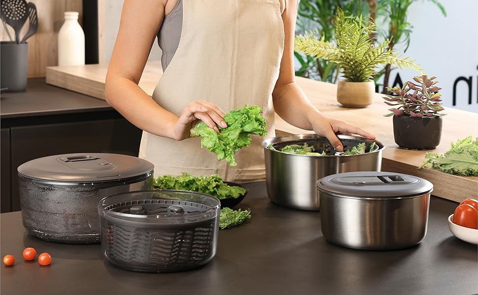 Салатозламач Zyliss Easy Spin з нержавіючої сталі, 6 л, з мотузковим приводом, миска для салатів з кришкою, BPA-free, неслизьке дно, AquaVent™-технологія, кнопка стоп, придатний для миття в посудомийній машині