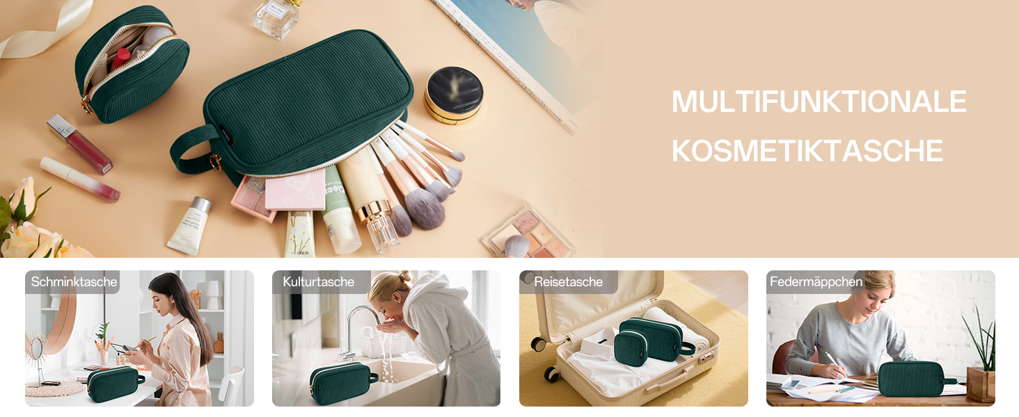 Косметичка жіноча KALIDI з корду, з відділеннями, металева блискавка, для подорожей, зелена