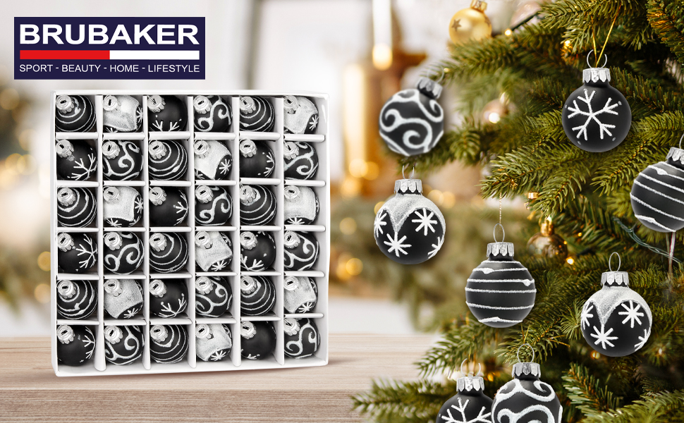 Набір прикрас на ялинку BRUBAKER 36 шт. - скляні кулі 3 см, ручної роботи, чорні