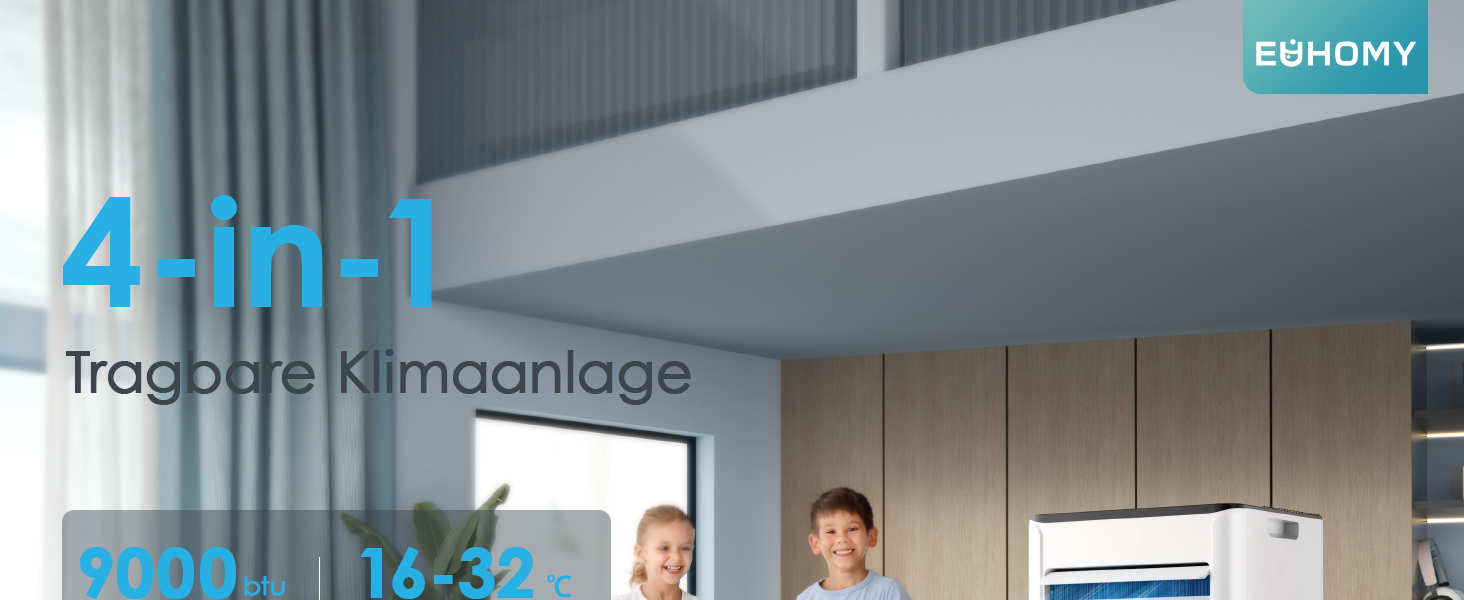 Мобільний кондиціонер 9000 BTU з випускним шлангом | 4-в-1 | Тиха робота <48 дБ | Цифровий дисплей + пульт дистанційного керування | Комплект для встановлення у вікно | Таймер 24 години | Для приміщень до 25 м²