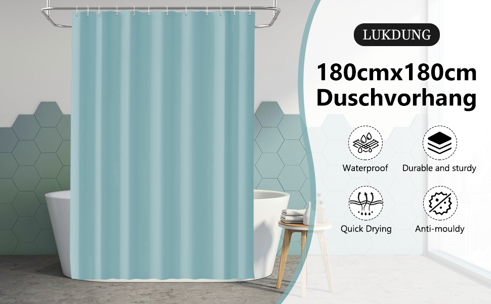 Штора для ванної кімнати 180x180 см, антигрибкова, водонепроникна, з кільцями, блакитна (PEVA)