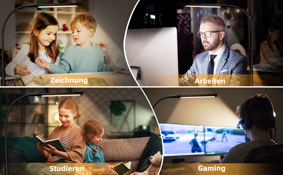 LED лампа для столу з кріпленням, регульована яскравість, 3 кольори та 10 рівнів, захист для очей, чорна