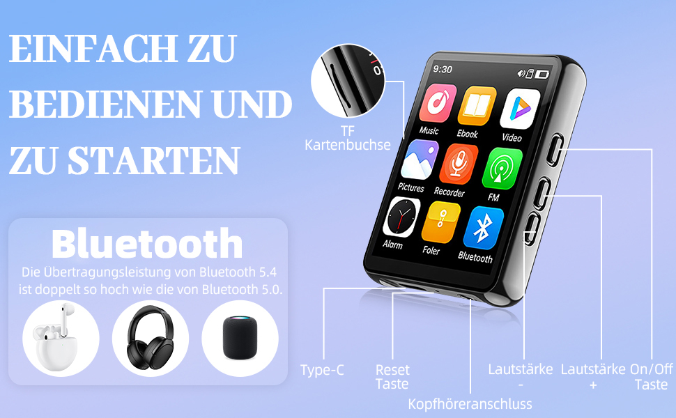 MP3-плеєр 128GB з Bluetooth, портативний музичний плеєр з динаміком, 2.4' Full Touch Screen, HiFi звук, FM радіо, записувач, кабельні навушники в комплекті, для бігу, фітнесу T5-MP3