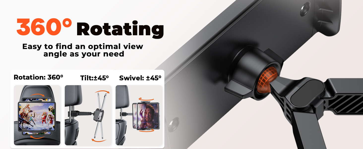 Тримач для планшета в авто Tryone - кріплення на підголівник, 360° обертання, сумісний з iPad, Smartphone, Switch, Tabs, 4.7-13 дюймів