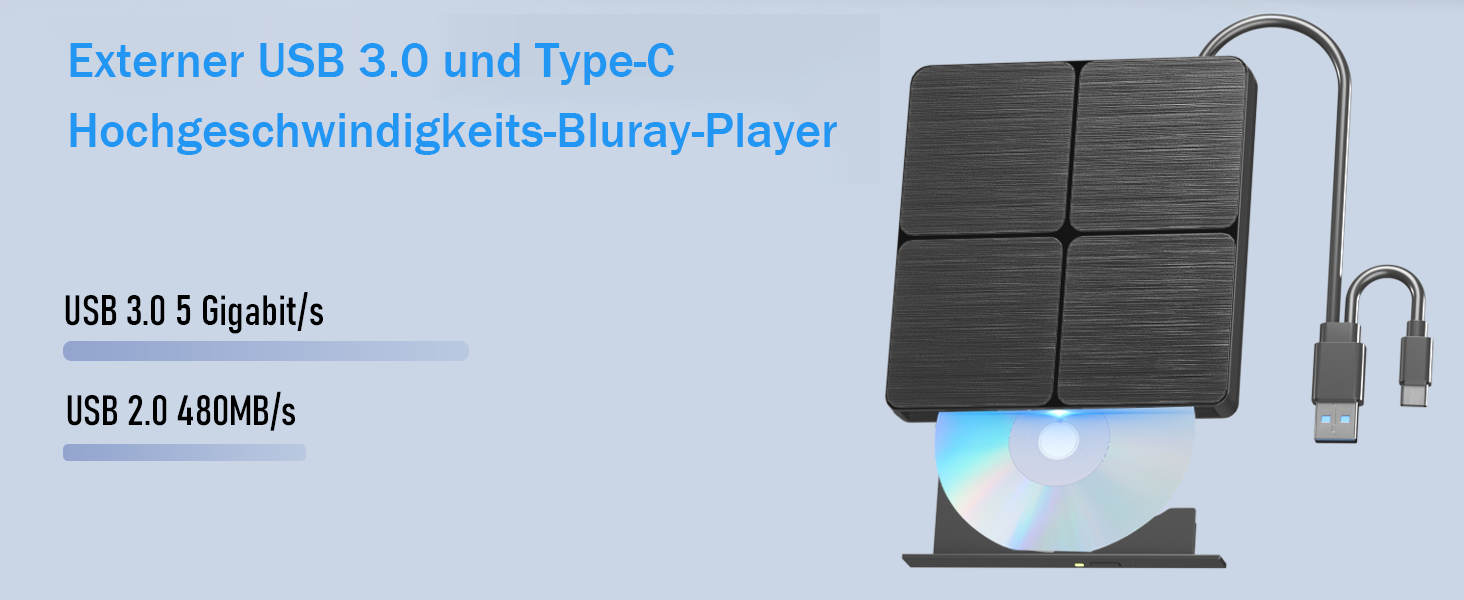 Зовнішній портативний Blu-ray привід (записувач) з двома інтерфейсами, високошвидкісний, сумісний з Windows та Mac OS