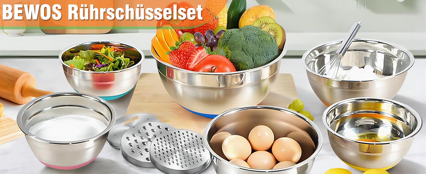 Набір місок для перемішування BEWOS 7 шт. з кришкою, нержавіюча сталь, набір місок з терткою, вкладна конструкція, кольорові нековзні дна, об'єм 4.3, 3.8, 3.3, 2, 1.4, 1, 0.7 л для змішування та подачі