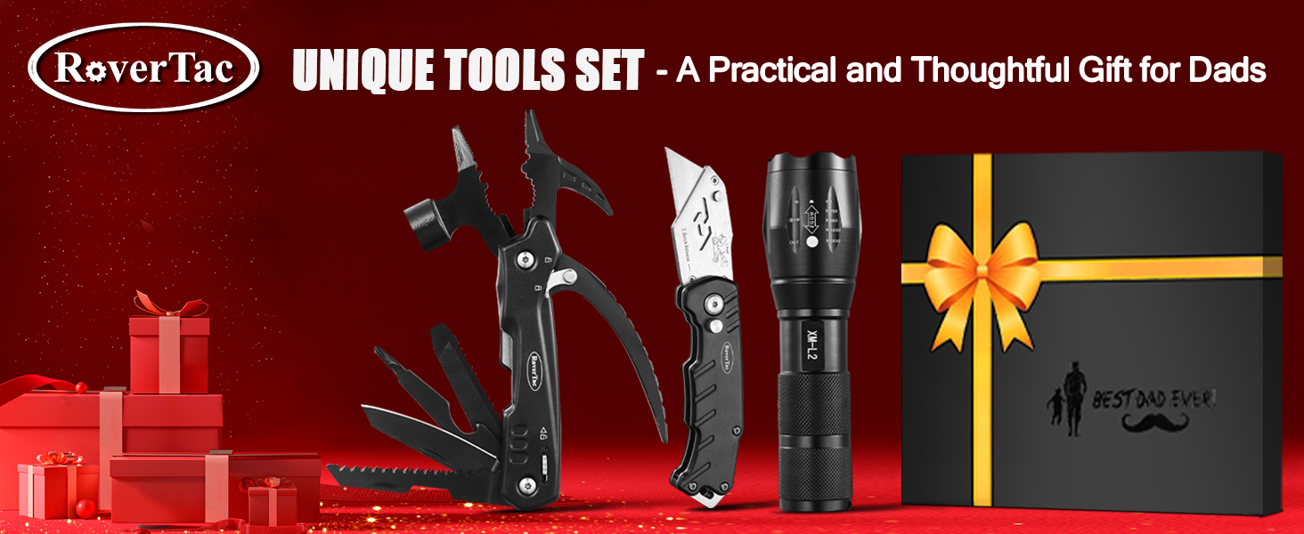 Набір інструментів RoverTac: подарунок для тата, 12-в-1 мультитул, молоток, ліхтарик, ніж, подарункова коробка 'BEST DAD EVER'