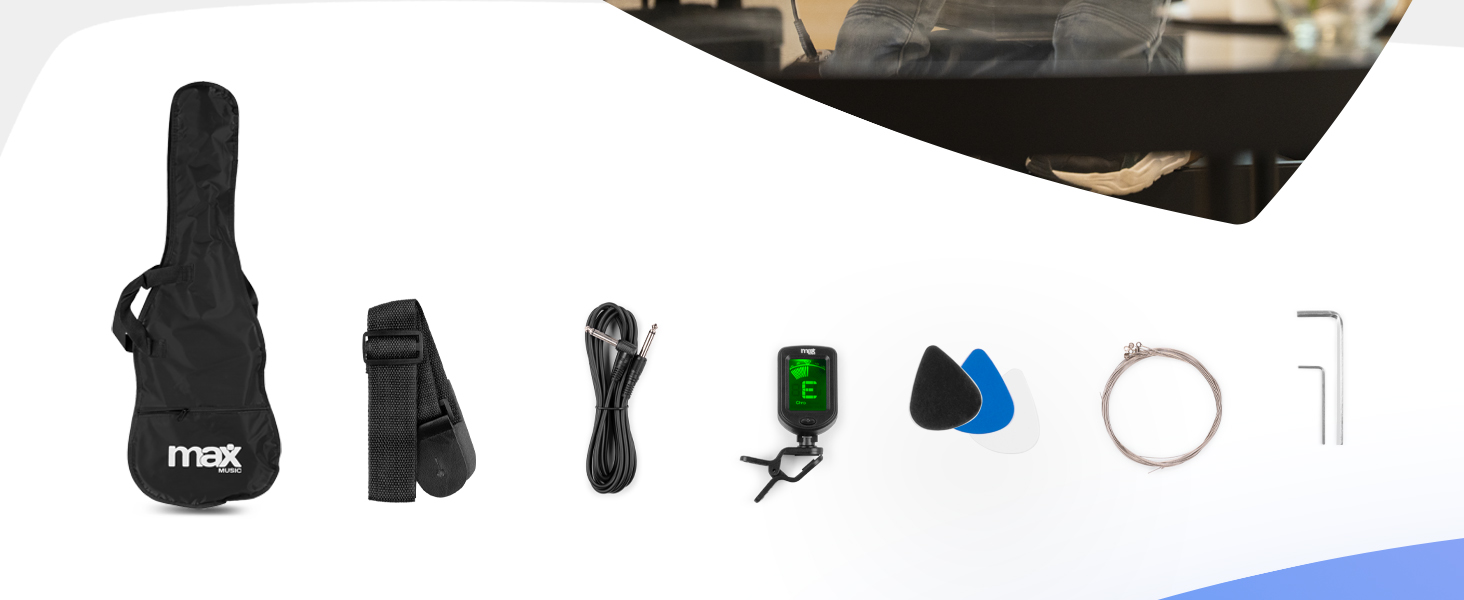 Електрогітара Max GigKit: Комплект для початківців з підсилювачем 40W, чохлом, медіатором, ременем, тюнером та кабелем (4/4, 3/4 Junior)